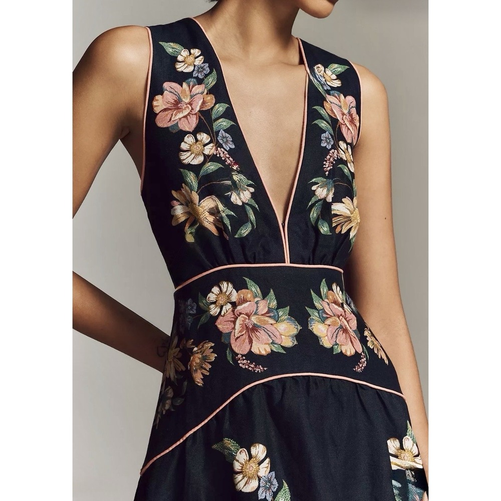 FARM RIO Maira Floral Linen Plunge Maxi Dress Women's Size M Navy Blue - Picture 5 of 16